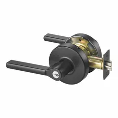 This cylindrical lockset is designed for classroom and interior doors in commercial facilities. It features a TB lever style with a Black Suede powder coated finish on cast zinc. The lockset is ANSI A156.2 compliant and ADA compliant for accessibility. It is not ligature-resistant and has no visual indicator message.