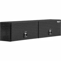 This topside box features double flip-up doors with a T-handle compression lid and a keyed lock for secure storage. The gloss black finish resists corrosion. Designed for mounting on truck beds, it provides weather-resistant storage for tools and equipment during transport.