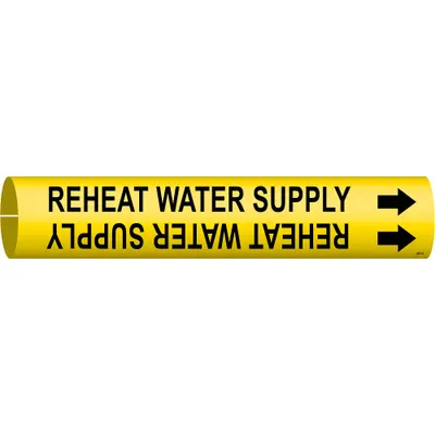 BRADY Pipe Marker: Reheat Water Supply, Yellow, Black, Fits 3/4 to 1 3/8 in Pipe O.D. - Reheat Water Supply Snap-On Pipe Markers