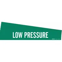 Green adhesive pipe marker with white 'Low Pressure' legend, designed for pipes with outer diameter of 8 inches and larger. Each pack contains 5 markers without arrows, suitable for identifying low-pressure piping systems in industrial environments