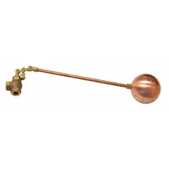 This float valve assembly automatically controls water levels in tanks, reservoirs, and cooling towers. It features a bronze angle valve body with FNPT connections, adjustable arm, and includes a float and rod. Designed for horizontal piping mounting, it has a flow rate of 30 gpm at 60 psi and a 1/4" NPT rod thread.
