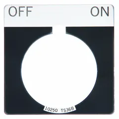Legend Plate: 30 mm Panel Mounting Size, Square, 1 3/4 in Overall Ht x 1 3/4 in Overall Wd (MPN 10250TS42). Key specifications — attr211282: EATON; attr206524: 10250TS42; attr1023368: 10250T; attr1023369: Black; attr1023371: Notch; attr1023372: English; attr1023373: Off-On; attr1023374: White.