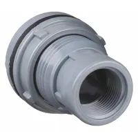 This CPVC through-wall fitting is designed for tank installations where piping passes through a wall. It features a 1/2 in female NPT threaded inside connection and includes a neoprene gasket for sealing. The CPVC body resists corrosion in fluid-handling systems