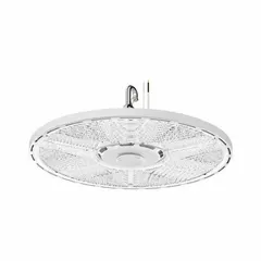 Round LED bay light with 5000K color temperature and 80 CRI, operating on 120 to 347V AC. Designed to replace 250W metal halide fixtures in industrial and commercial overhead lighting applications such as warehouses and manufacturing facilities.