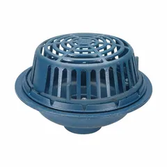 Cast iron primary roof drain with 6 in nominal pipe size and no-hub connection. Includes clamping collar and cast iron dome. Used in commercial and industrial flat-roof drainage systems to remove standing water.