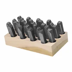 This steel hand stamp features a round-dot-face design with a 1/2 in ampersand character and a 4 in shank length. It is used for permanently marking characters into metal, plastic, or wood parts for identification and traceability in industrial fabrication and maintenance applications.