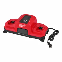 Multi-port charger for 18V DC batteries, operating on 120V AC input. Charges two 18V batteries simultaneously, with a 12 Ah battery reaching full charge in one hour. Suitable for job sites and workshops requiring multiple 18V tools.