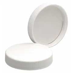 This white opaque screw cap is made of polypropylene with a PTFE faced polyethylene liner. It has a 58-400 mm screw closure size and is designed for sealing laboratory or industrial containers requiring chemical resistance and a secure fit.