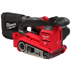 This bare-tool cordless belt sander operates on the M18 platform and accepts 3-inch-wide by 18-inch-long belts. It includes one abrasive and a dust bag. The brushless motor delivers sustained power for heavy-duty material removal, shaping, and finishing on wood, metal, and other surfaces in industrial fabrication, carpentry, and maintenance tasks.