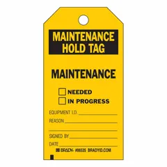 This polyester safety tag measures 3 inches wide by 5 3/4 inches high with a black/yellow design and English text. The write-on surface allows custom messaging for facility safety identification, such as lockout/tagout procedures or hazard warnings. Suitable for use in industrial environments requiring clear visual communication of safety information.