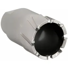 This annular cutter features a two-piece alternate-tooth design with carbide tips for cutting clean holes in metal. With a 1 15/16 in diameter and 2 in max cutting depth, it is suited for use with magnetic drill presses in fabrication, structural steel work, and maintenance. The bright finish and included pilot pin facilitate accurate hole placement.