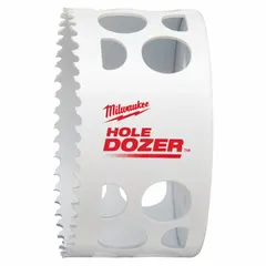 Bi-metal hole saw with 3-1/2 in diameter, 3.5 teeth per inch, and 1-5/8 in maximum cutting depth. Designed for cutting wood, metal, and plastic in applications such as electrical, plumbing, and HVAC installations. Features a 5/8-18 thread arbor connection; arbor not included.