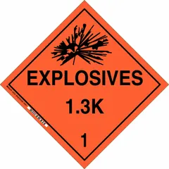 Class 1: Explosives placard measuring 10 3/4 in x 10 3/4 in with a 10 3/4 in label height. Displays 'Explosives 1.3 K 1' for identifying containers holding Division 1.3 materials with compatibility group K. Used for DOT placarding during transport and storage of hazardous materials.
