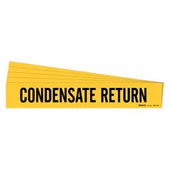 Adhesive pipe marker for identifying condensate return piping. Yellow background with black legend. Fits pipes with outer diameter of 8 inches and larger. Pack of 5 markers without arrows. Suitable for use in steam and HVAC systems where pipe identification is required.