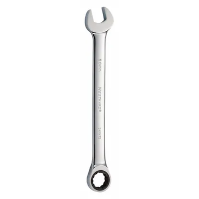 WESTWARD Combination Wrench: Alloy Steel, Chrome, 50 mm Head Size, 25 3/4 in Overall Lg - Metric 12-Point Ratcheting Combination Wrenches