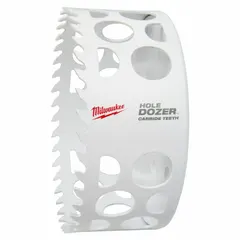 Carbide tipped hole saw for multi-material cutting. 4-3/4 in diameter, 3 teeth per inch, maximum cutting depth 1-5/8 in. Designed for use with a separate arbor (5/8-18 thread). Suitable for cutting metal, wood, and plastic in construction and installation applications.