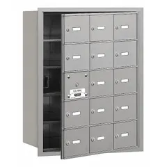 Horizontal multi-unit mailbox with 15 lockable front-loading doors. Measures 29 3/4 in H x 22 3/4 in W x 16 1/2 in D. Designed for recessed mounting in walls for organized mail distribution in multi-tenant residential or commercial settings.