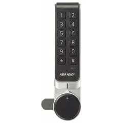 Electronic keypad cabinet and locker lock with cam latch mechanism. Body dimensions: 6 in height, 1 3/4 in width, 1 in depth. Flat finish. Suitable for securing cabinets and lockers in commercial, institutional, or industrial settings where keyless entry is required.