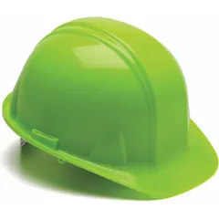 Green high-visibility polyethylene hard hat with a front brim, pinlock suspension adjustment, and side-slots for accessory mounting. Designed for industrial environments requiring top impact protection and electrical hazard resistance up to 20,000 volts.