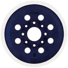 Round backing pad made of hard rubber with a hook-and-loop surface for attaching abrasive discs. Features 8 vacuum holes for dust extraction. Suitable for use with compatible power sanders.