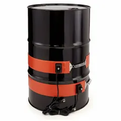 This band heater is designed for 15-gallon drums and operates on 230V AC with 200 W power and 1.7 A current. It maintains material temperature from 0°F to 160°F in outdoor environments, preventing freezing or reducing viscosity. Suitable for industrial storage and workspace applications requiring controlled heating of drum contents.
