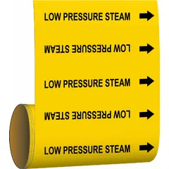 Yellow adhesive pipe markers with black legend reading 'Low Pressure Steam' and directional arrows. Each roll contains 30 markers designed for pipes with an outside diameter of 2 inches and smaller. Used to identify low-pressure steam lines in industrial piping systems.