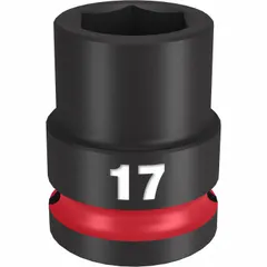 This 1/2" drive impact socket features a 17 mm metric, 6-point design with a Black Phosphate finish. It is used for fastening and loosening metric hex fasteners with impact wrenches in automotive, construction, and industrial maintenance applications.