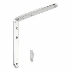 This standard duty shelf bracket is made of 304 stainless steel with a mirror finish. It has a capacity of 22 lb. Typical applications include supporting shelves in industrial, commercial, or marine environments where corrosion resistance is required.