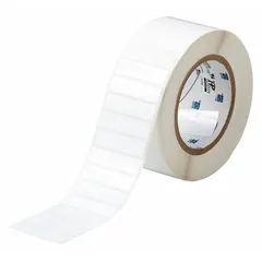 Thermal transfer precut label roll measuring 1/2 in x 2 in. Features an acrylic aggressive permanent adhesive for strong bonding on various surfaces. Halogen-free material properties. Compatible with BBP81 printer series. Suitable for industrial labeling applications requiring durable identification.