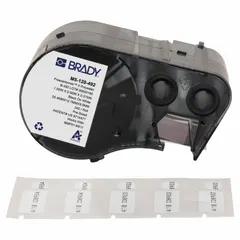 Thermal transfer precut label roll cartridge with rectangle labels sized 1/2 in x 1 in. Made of cryogenic polyester with black-on-white print. Designed for vial/tube sizes of 1.5 to 2.0 mL. Compatible with BMP53 printer series. Used for durable sample identification in laboratory and biobank settings.