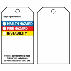 Rectangular white polyester safety tag, 5-3/4 in height by 3 in width, 0.01 in thickness. Each pack contains 25 tags and 25 nylon ties for attachment. Not laminated. Used for lockout/tagout, equipment identification, and hazard marking in industrial settings.