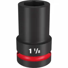 SAE deep impact socket with 1" drive and 1-1/8" hex size. 6-point friction design for secure grip on hex fasteners. Black phosphate finish. For use with impact tools in heavy-duty fastening and loosening tasks.