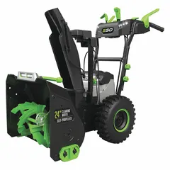 The EGO SNT2400 is a cordless, manual snow blower with a 20-inch clearing depth and variable speed settings. It is powered by a 7.5 Ah battery and features a 200° chute turning radius. Suitable for clearing snow from driveways, walkways, and patios.