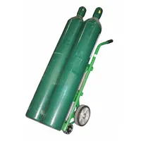 Green steel frame hand truck with dual handles, designed for transporting two cylinders side by side. Features a magnetic securing mechanism and 800 lb capacity. Suitable for moving gas cylinders in industrial, welding, and maintenance environments