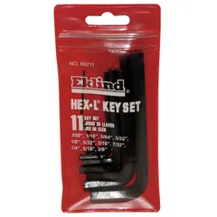 This 11-piece L-shaped hex key set includes SAE sizes with both standard and short tips. The keys have a black oxide finish and are stored in a pouch. Suitable for tightening or loosening hex socket screws and bolts in maintenance, assembly, and repair tasks.
