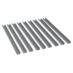 This bin rail kit is constructed from powder-coated gray steel and is designed for use with the 30930 utility cart. It enables the attachment of bins to the cart's flip-gate flush plastic shelves, supporting a 400 lb capacity. Suitable for organizing parts in industrial workstations.