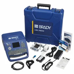 This portable label printer connects via Bluetooth for cable and wire labeling tasks. It features a 2" print width and 300 dpi printhead resolution. The unit includes a rechargeable battery, a halogen-free printer ribbon (M7-R6000), drivers, and the Brady Workstation Product and Wire ID Software Suite.