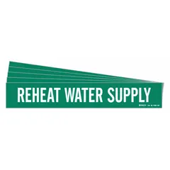Green adhesive pipe markers with white legend text reading 'Reheat Water Return'. Designed for pipe outer diameters from 2-1/2 to 7-7/8 inches. Sold in a 5-pack without directional arrows. Used to identify reheat water return piping in HVAC and industrial systems.