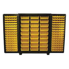 Assembled steel bin cabinet with powder-coated black finish. Includes 187 yellow bins (160 bins: 3 in x 4-1/8 in x 7-1/2 in). Features a 14 ga panel. Suitable for organizing small parts and components in industrial and workshop environments.