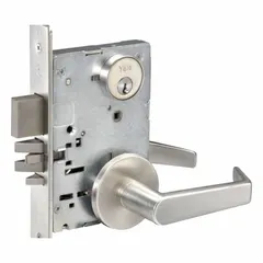 Classroom lever lockset with Augusta style, satin chromium-plated finish, and LFIC core. ADA-compliant lever design for accessible operation. Suitable for educational facility doors requiring controlled access.