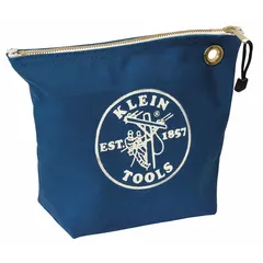 Canvas flat zippered tool bag in blue. Dimensions: 10 in width, 3 1/2 in depth, 8 in height. No inside pockets. Suitable for carrying hand tools, meters, and small parts on job sites or in service vehicles.