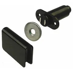 This magnetic push-to-close catch is made of plastic and features a pull opening action. It is designed for use on cabinet or enclosure doors to hold them securely closed. Dimensions: 1 3/8 in height, 1 7/8 in width.