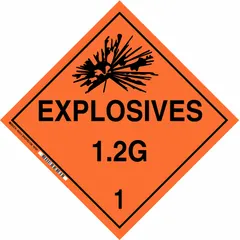 DOT placard for identifying containers holding Class 1 explosives, division 1.2 compatibility group G. Measures 10 3/4 in x 10 3/4 in with a 10 3/4 in label height. Used in shipping, storage, and industrial environments for hazard communication.