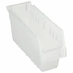 Clear plastic shelf bin with interior dimensions of 4 1/8 in x 6 in and overall length of 11 5/8 in. Nesting capable design allows compact storage when not in use. Suitable for organizing small parts, components, and hardware on industrial shelving.
