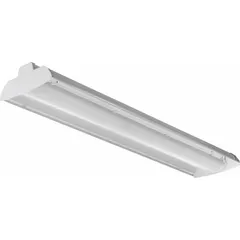 This 4 ft. linear LED bay light delivers 6000 lumens at 4000K with 80 CRI, operating on 120 to 277V AC. Designed for 8 ft to 12 ft mounting heights with general distribution, it replaces (2) T5HO lamps. Suitable for low-bay applications in industrial spaces such as warehouses and manufacturing areas.