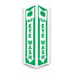 V-shape projection sign for identifying eye wash station locations. Made of PETG with a thickness of 0.06 in and nominal size of 18 x 7-1/2 in. Features mounting holes for wall installation. Not retroreflective, does not glow in the dark, and has no anti-slip surface.