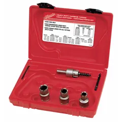 This 5-piece hole cutter kit features carbide-tipped construction for cutting clean holes in metal. Each cutter has a maximum cutting depth of 1/2 inch and is not impact rated. Suitable for electrical, plumbing, and fabrication applications requiring precise, burr-free holes.