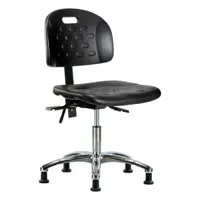 This armless ergonomic chair features a polyurethane seat and an aluminum base. It offers adjustable height from 17 3/4 to 23 inches, with seat tilt of 8° forward to 3° backward and back tilt of 10.5° forward to 13.5° backward. Suitable for lab and industrial workstations where ESD protection is not required