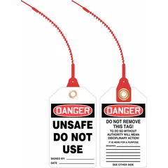 White single-part danger tags with attached strap fastener, size #7, supplied in a 10-pack. The legend is not the same on both sides. Used for industrial safety tagging to warn of hazardous conditions or equipment that must not be operated, commonly in lockout/tagout procedures.