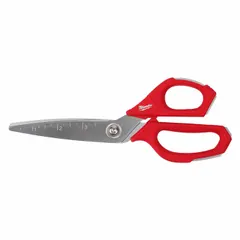 These offset plastic-handle scissors feature smooth, pointed metal blades with a chrome and red finish. The ambidextrous design accommodates both left- and right-handed users. Suitable for cutting common jobsite materials such as sheet metal and plastic in industrial or maintenance settings.
